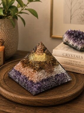 Triple Layer Orgonite Pyramid | Tiger Eye Sunstone Amethyst Crystal Healing
